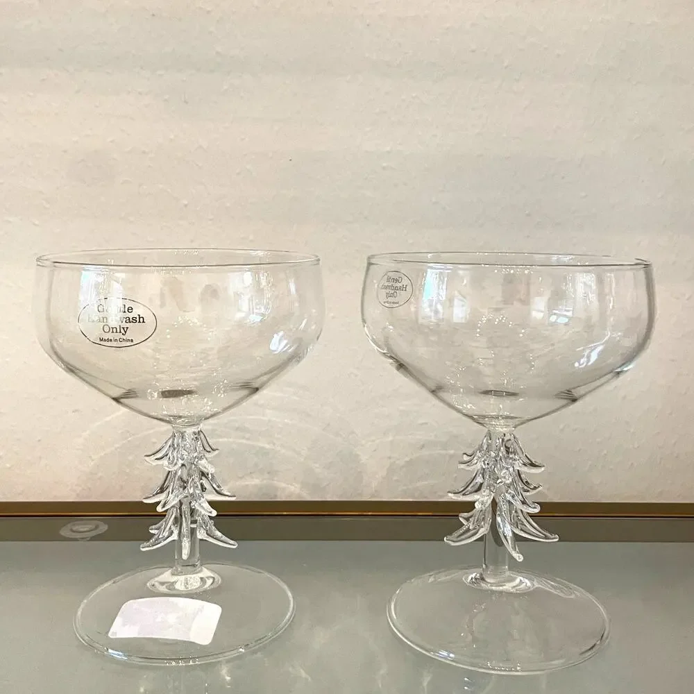 Christmas Tree Coupe Wine Glass Set of 2 Holiday Glam Barware New